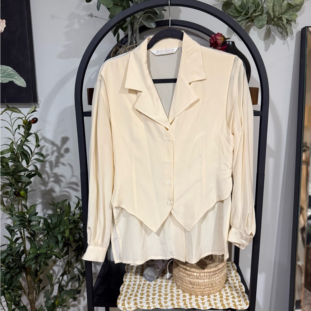 🌼 Bella Camicie Silk Blouse Size 6 Cream Button Front Layered Top